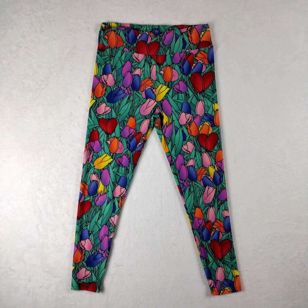 LuLaRoe Leggings OS Multi Color Tulip Floral Print Teal Green High Waisted